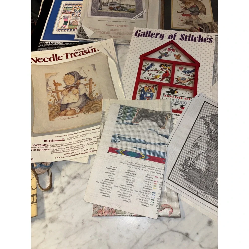 Vintage Cross Stitch Kit Lot Dimensions Needle Treasures Tasha Tudor Hummel Golf